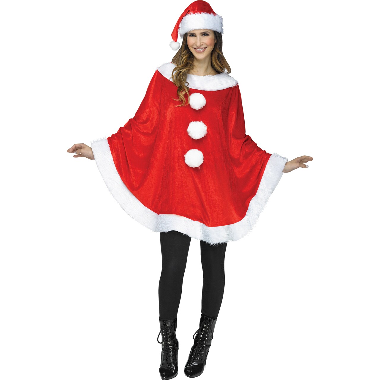Fun World 48" Red and White Plush Poncho with Santa Hat Women Adult Christmas Costume - One Size